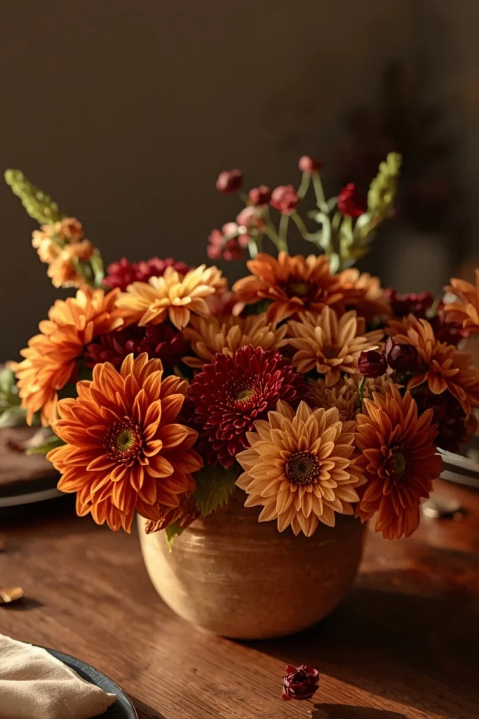  dining table centerpiece, featuring fresh dahlias and mums in burnt orange