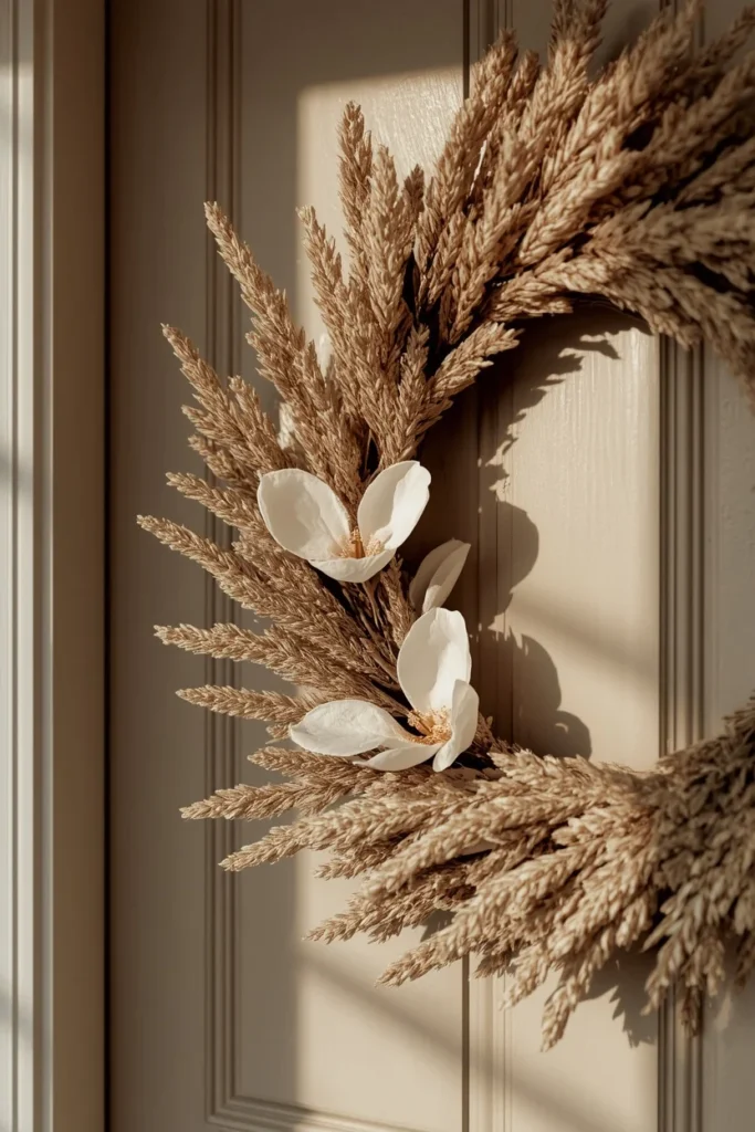 23 Fall Front Porch Decor Ideas Neighbors Will Envy 4 front door, featuring a textural neutral wreath made of dried grasses and magnolia leaves,