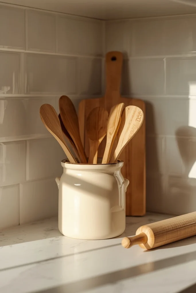 17 Fall Kitchen Countertop Decor Ideas That Feel Cozy, Not Cluttered 4 kitchen counter detail shot, featuring a cream stoneware crock filled with wooden spoons,