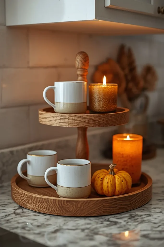 20 Fall Kitchen Decor Ideas That Are Easy to Recreate 4 kitchen counter close-up, featuring a wood tiered tray styled with coordinating ceramic mugs