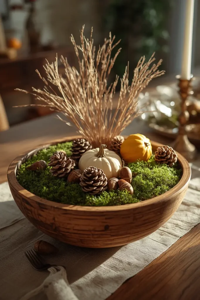 18 Fall Table Setting Ideas for Cozy Autumn Dinners 4 dining table centerpiece, featuring a wooden dough bowl filled with dried moss