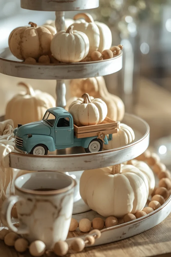  tiered tray close-up, featuring a small teal vintage toy truck hauling mini white gourds,