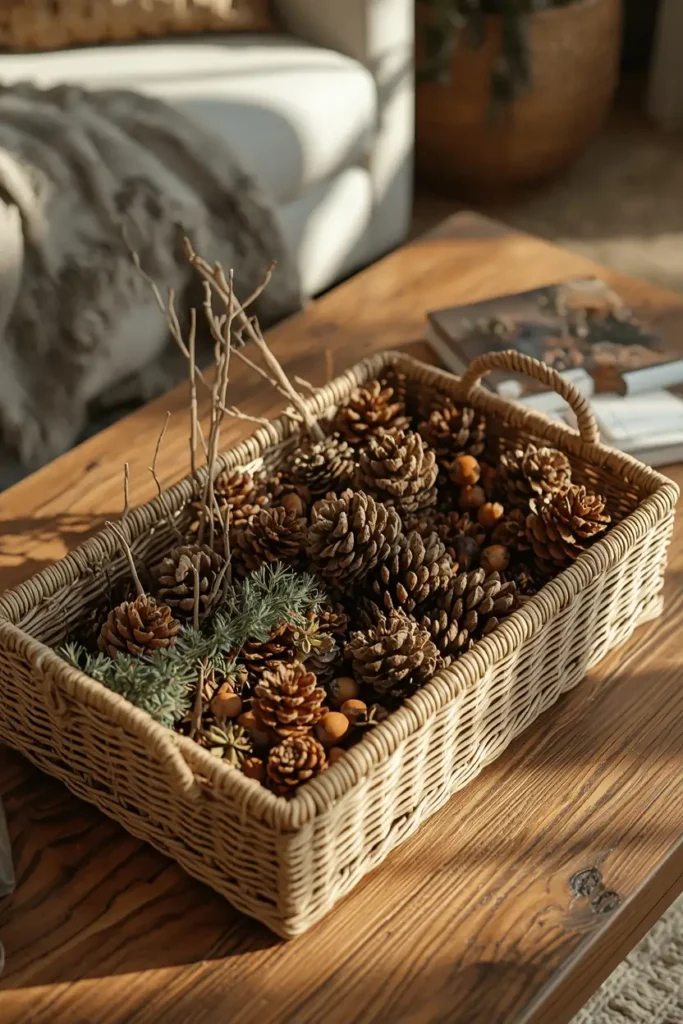 15 Fall Tray Decor Ideas to Style Your Coffee Table Like a Pro 4 coffee table, featuring a woven wicker tray filled with pinecones,