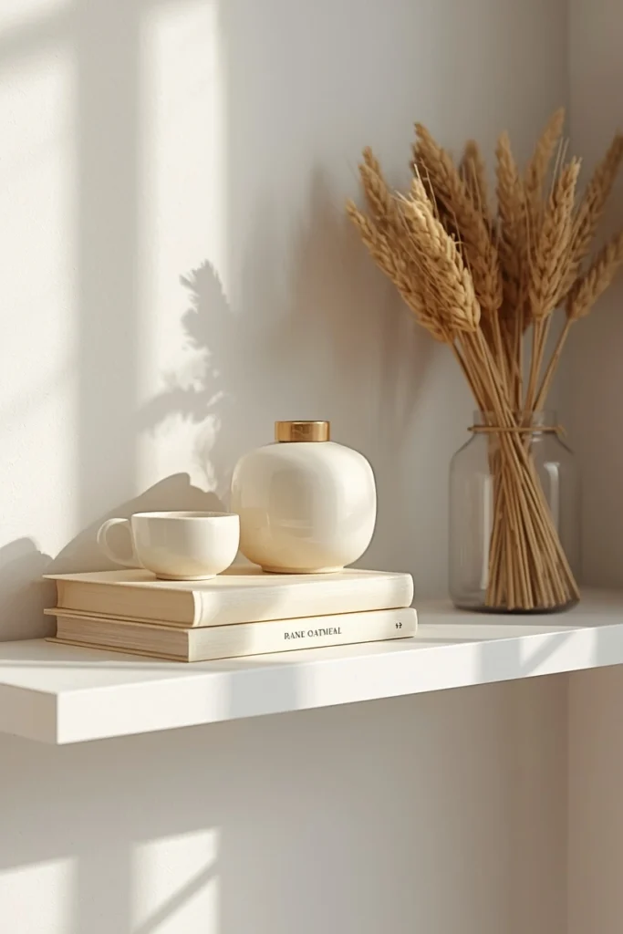  floating shelf, featuring cream pottery, books with pale oatmeal covers