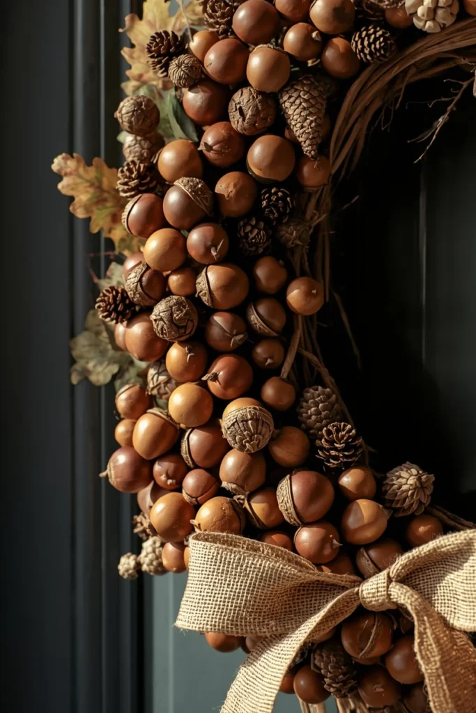 24 Fall Wreath Ideas to Welcome the Season in Style 4 front door close-up, featuring a wreath made of clustered natural acorns of varying sizes