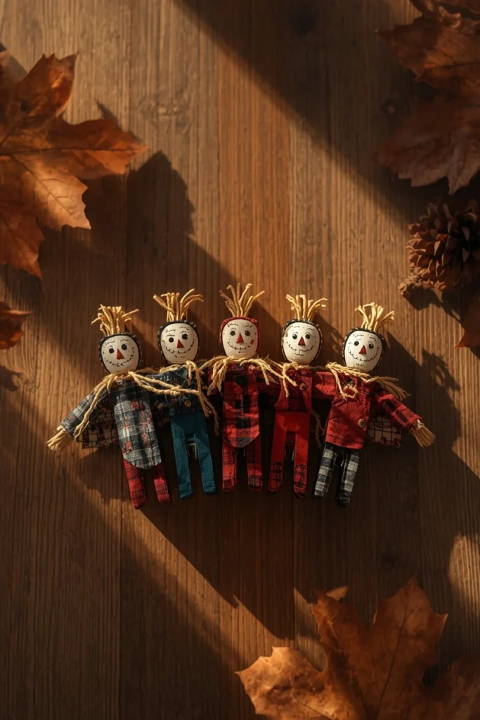 19 Fun DIY Scarecrow Ideas for fall that Kids Will Love Making 4 craft table close-up, featuring a row of five mini clothespin scarecrows with painted faces