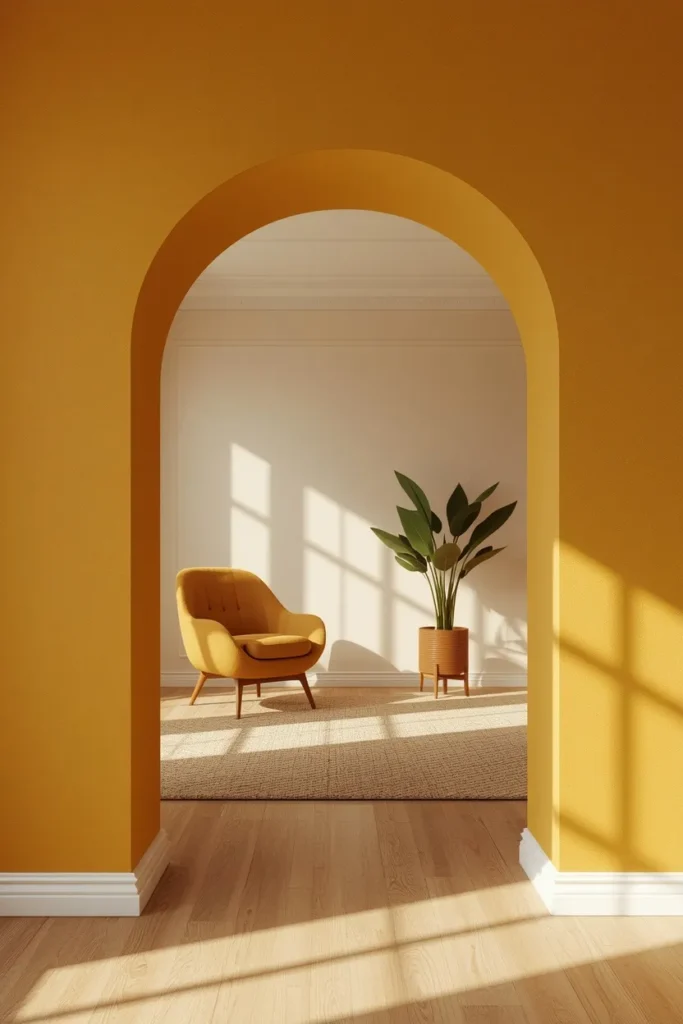 15 FunHaus Interior Ideas for a Bold, Playful Home That Breaks the Rules 4 interior archway shot, featuring a mustard yellow color-blocked archway