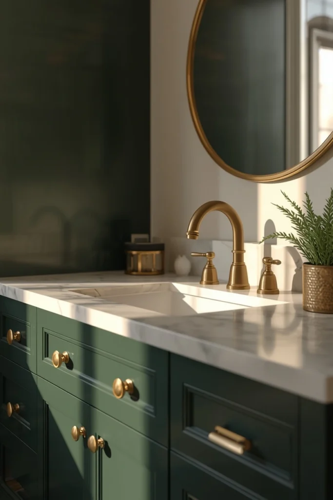 21 Green Bathroom Ideas That Bring Nature's Calm Into Your Home 4 bathroom vanity close-up, featuring deep forest green cabinetry,