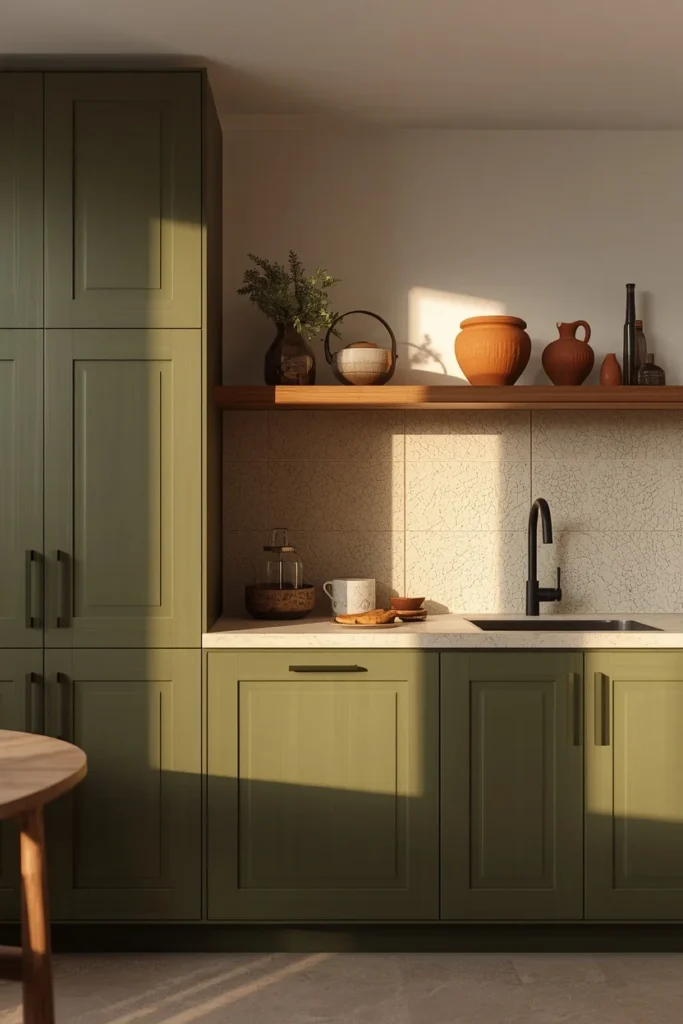 17 Green Kitchen Designs That Feel Bold, Fresh & Totally Unexpected 4 kitchen, featuring olive green flat-panel cabinets, matte black cabinet pulls and faucet,