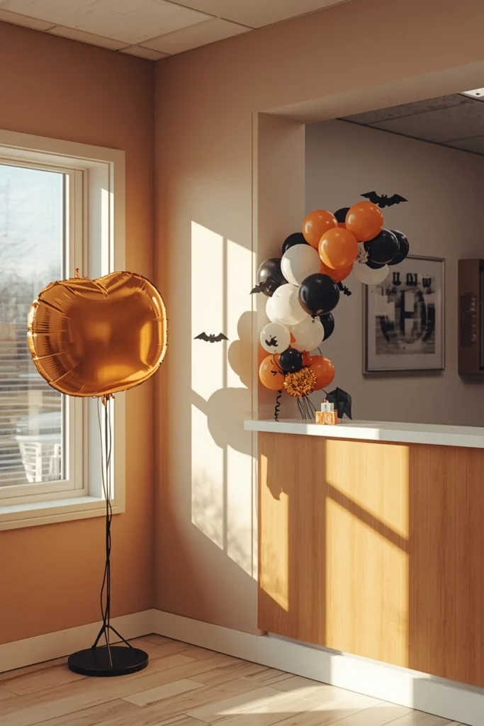 medical reception area, featuring a small orange, black, and white balloon arch 