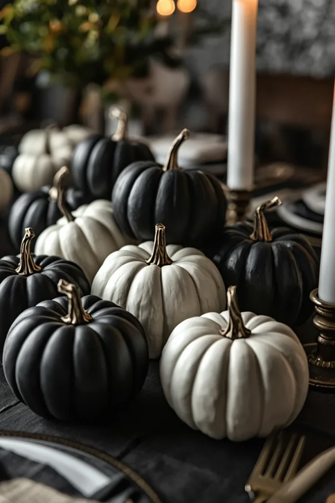 centerpiece close-up, featuring a cluster of matte black and crisp white painted pumpkins 