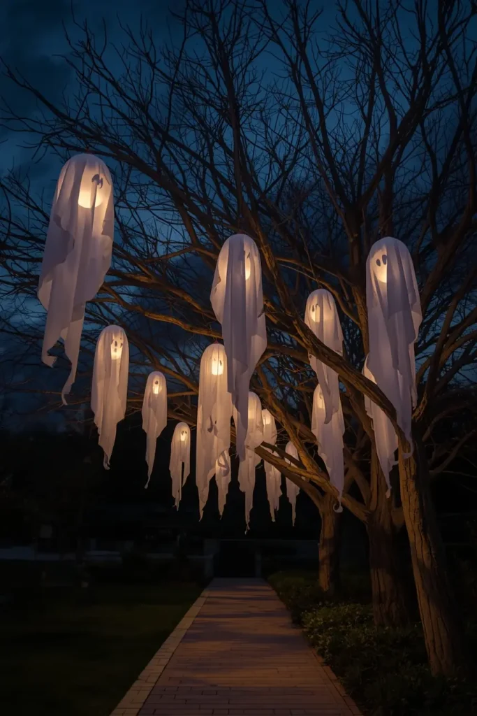 18 Halloween Walkway Ideas That Set the Spooky Mood Early 4 Halloween tree display, featuring white fabric-draped ghost lanterns hanging