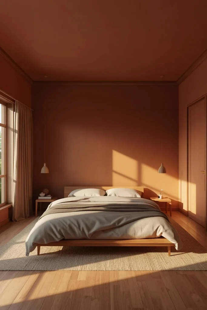 Japandi bedroom, featuring walls, ceiling, and trim all painted the same warm clay tone