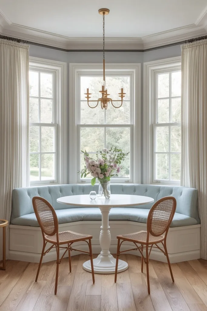 21 Kitchen Banquette Seating Ideas That Make Every Meal Feel Special 4 bay window breakfast nook, featuring a curved white built-in banquette with a pale blue linen cushion