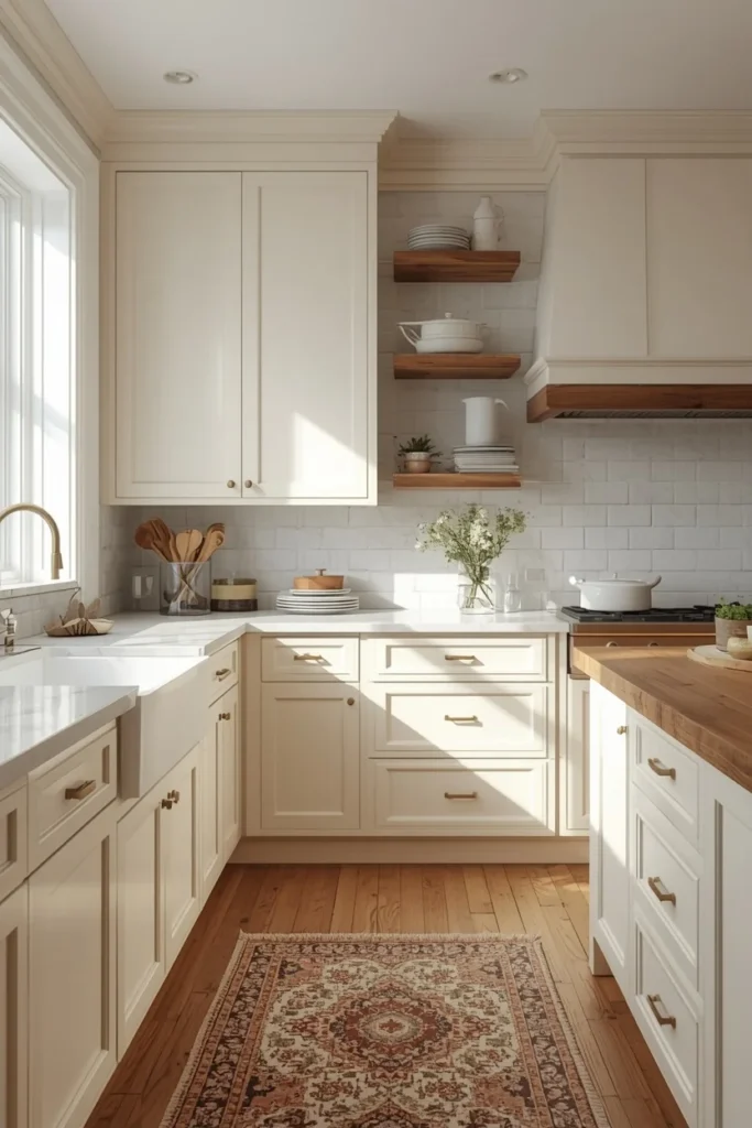  kitchen, featuring creamy warm white shaker cabinets, a butcher block island, brass hardware