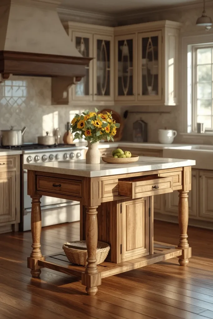  kitchen, featuring a freestanding furniture-style dairy table island 