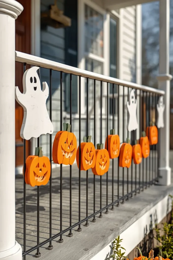  front porch railing, featuring alternating white ghost and orange pumpkin wood