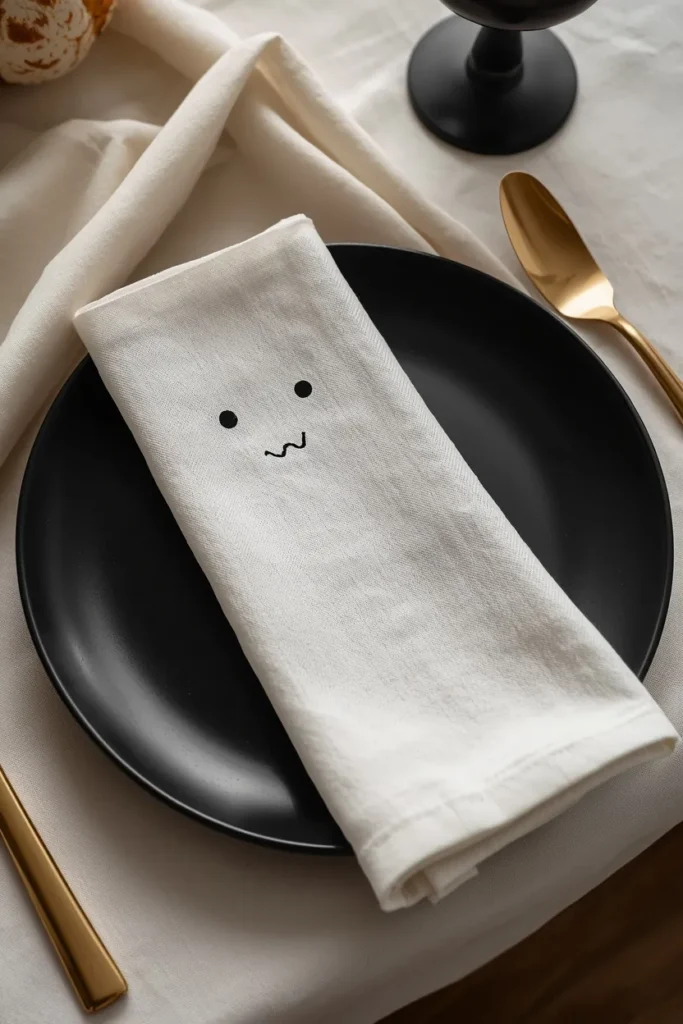 15 Last-Minute Halloween Tablescape Ideas That Look Planned 4 place setting close-up, featuring a white cloth napkin folded