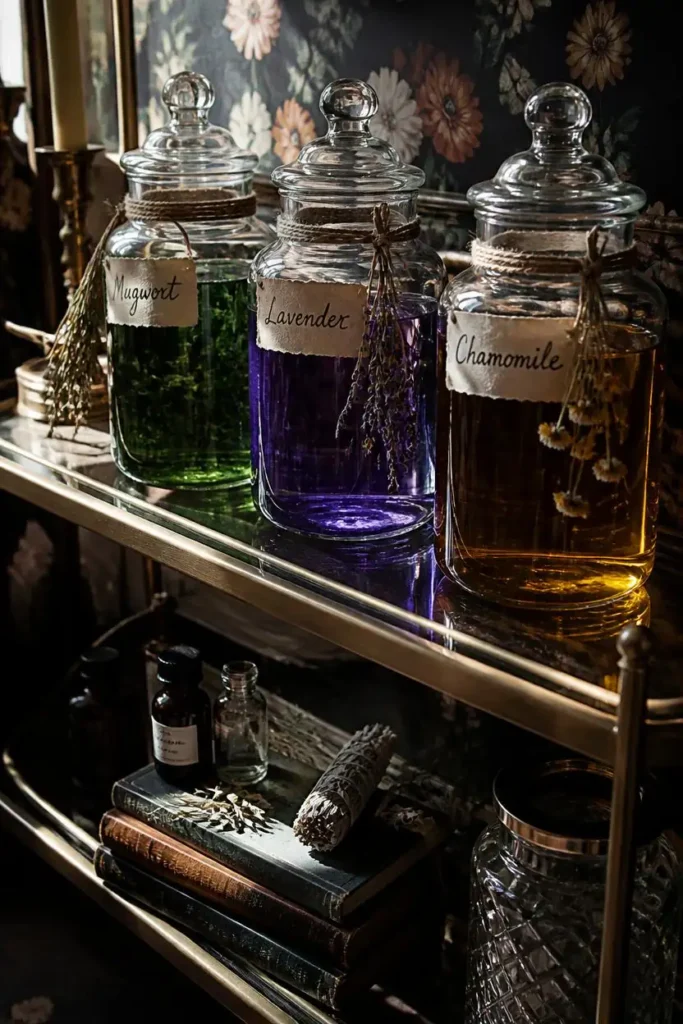 bar cart, featuring a row of glass apothecary jars filled with murky green, purple