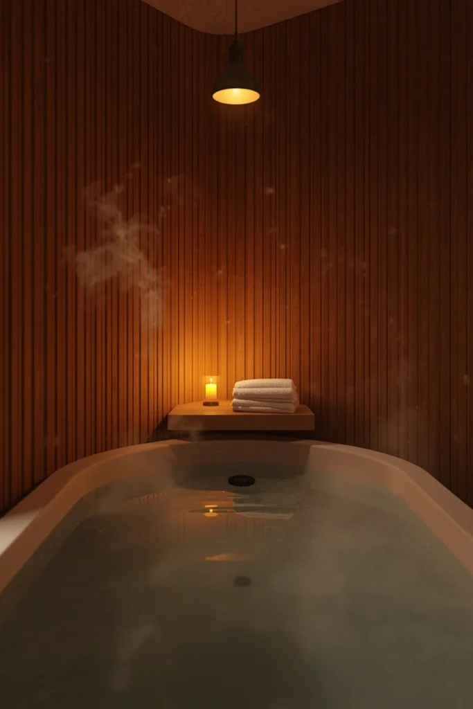 25 Modern Bathroom Designs That Look Like a 5-Star Spa Retreat 4 bathroom, featuring a deep Japanese-style soaking tub, warm cedar wood wall paneling
