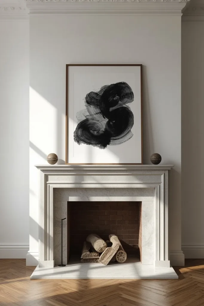 16 Modern Halloween Mantle Decor Ideas That Feel Fresh 4 modern fireplace mantel, featuring one large abstract black and white ink-wash print