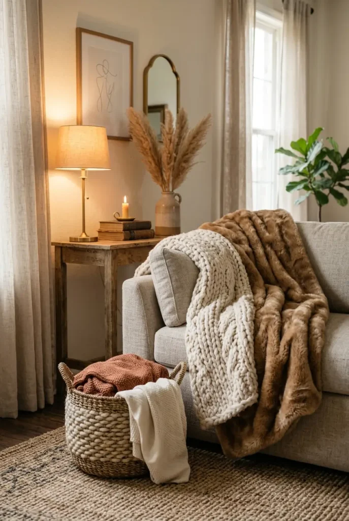 living room sofa corner, featuring a chunky cream wool knit throw