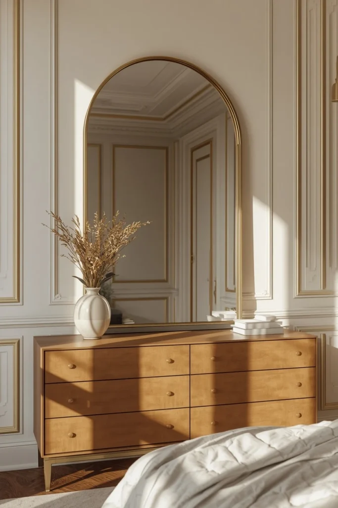  bedroom, featuring an oversized arched mirror with a brass frame leaned 