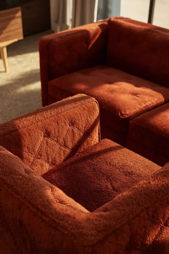 living room close-up, featuring a boxy angular armchair upholstered 