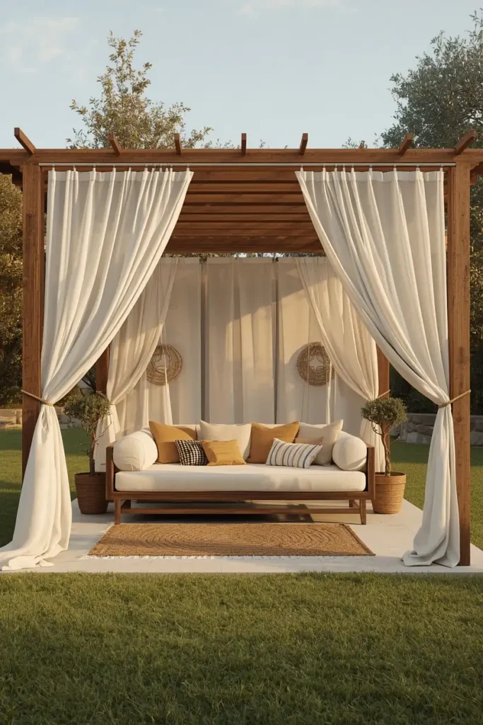 freestanding wood pergola, featuring sheer white linen curtains tied back at the posts,