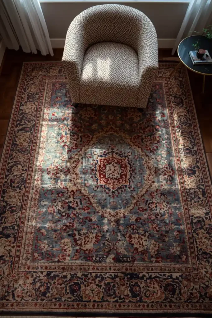 small studio apartment, featuring two boldly patterned rugs in different 