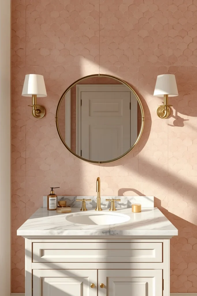 18 Scalloped Tile Ideas for a Soft, Statement-Making Bathroom 4 vanity wall shot, featuring soft blush pink scalloped tile behind a round mirror