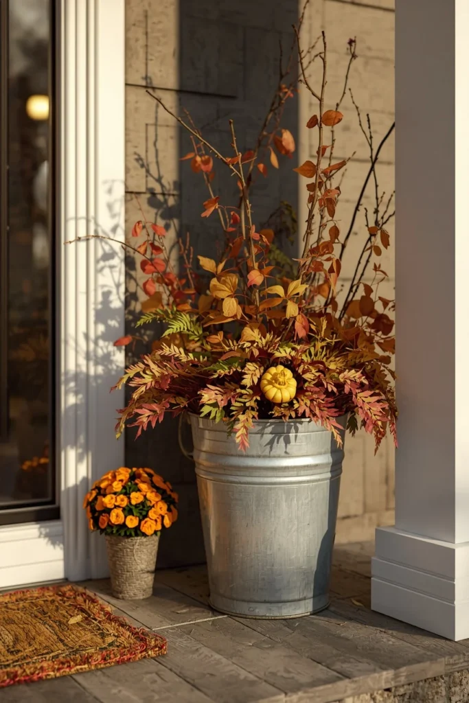 16 Simple Fall Porch Decor Ideas Anyone Can Pull Off This Season 4 front porch close-up, featuring a galvanized metal bucket filled with fall foliage, branches, and a small mum