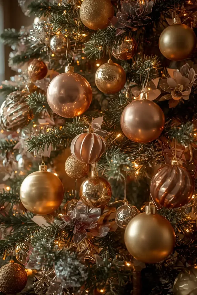 15 Simple Thanksgiving-to-Christmas Tree Transition Ideas 4 elegant Christmas tree, featuring gold, champagne, and bronze ornaments