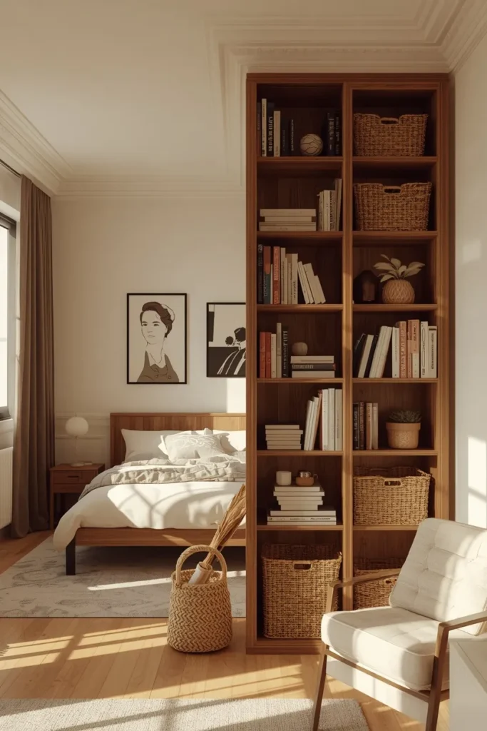 17 Tiny Bedroom Design Ideas for Couples (That Still Feel Romantic) 4 studio apartment layout, featuring a tall open-back wood bookshelf