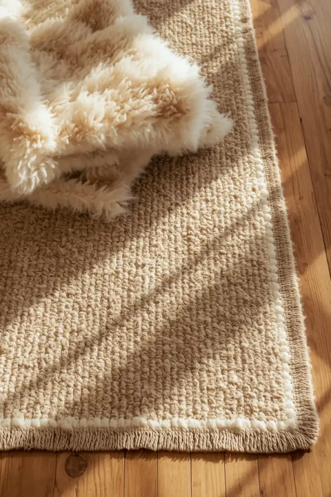 17 Understated Fall Decor Ideas for a Minimal, Modern Home 4 living room detail shot, featuring a natural jute rug with a folded cream wool