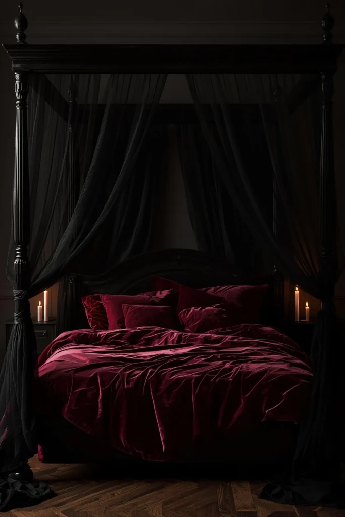 21 Vampy Romantic Bedroom Ideas for a Moody, Gothic-Chic Retreat 4 bedroom shot, featuring a dark wood four-poster bed with sheer black drapery