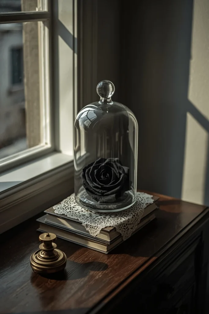 23 Vintage Halloween Decor Ideas That Look Straight Out of an Old Storybook 4 entryway table vignette, featuring a glass cloche over a black silk rose,