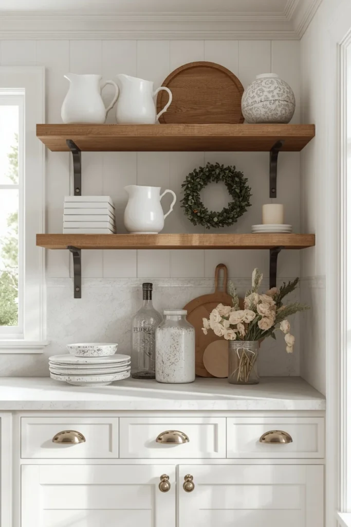 19 Ways to Decorate a Farmhouse Kitchen for Christmas (Cozy, Budget-Friendly Ideas) 4 farmhouse open kitchen shelves, featuring ironstone pitchers,