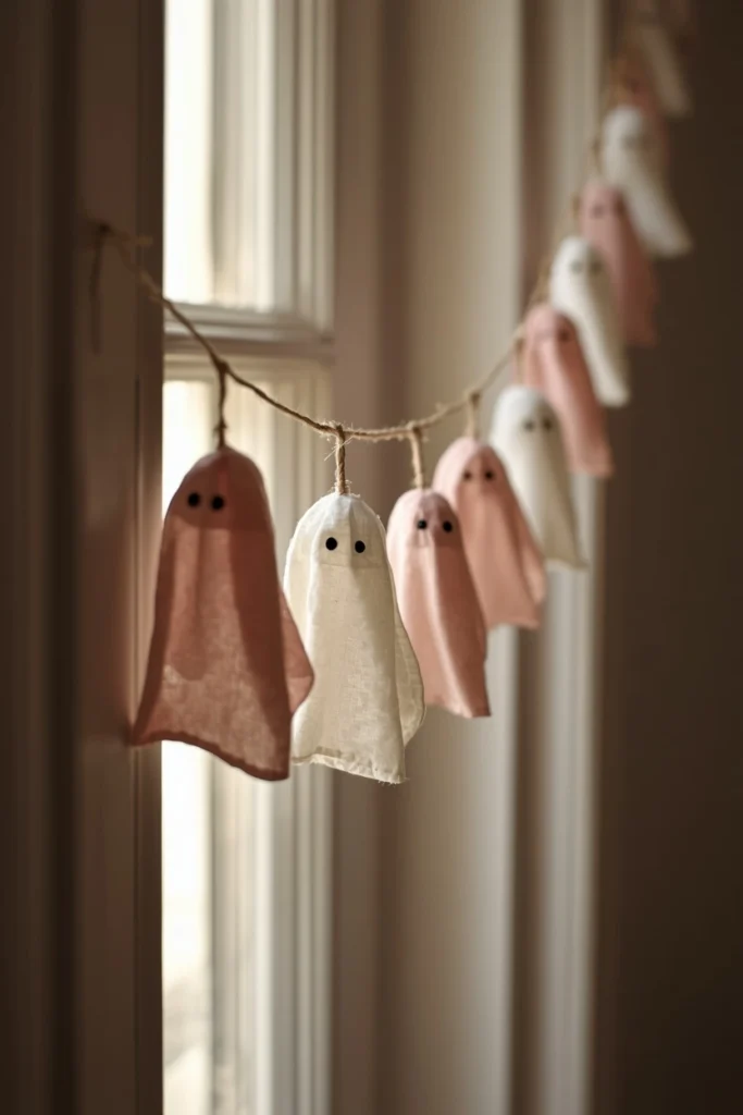 25 Whimsical Halloween Decor Ideas That Feel Spooky and Cute 4 doorway, featuring a garland of small handmade cheesecloth ghosts