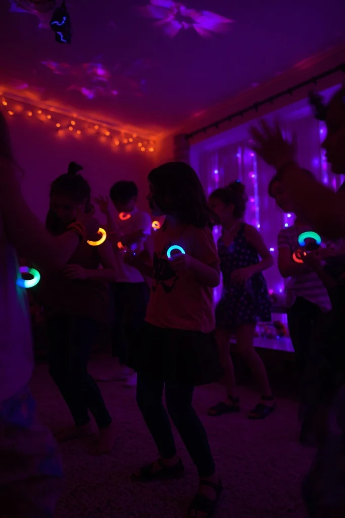  kids Halloween dance party, featuring children wearing glowing bracelets 