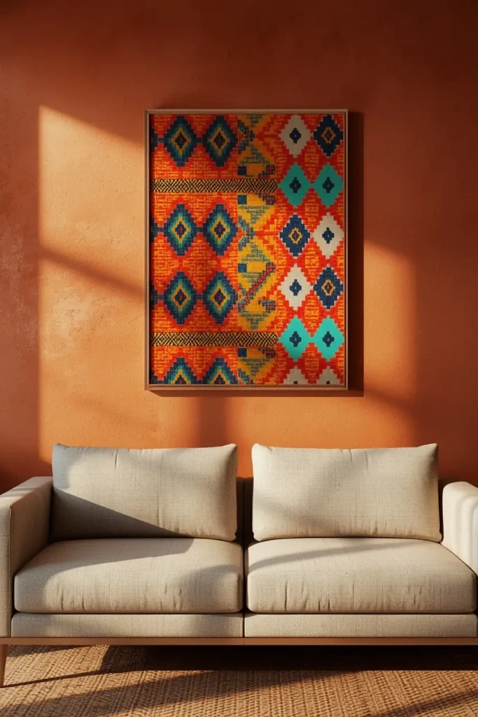 17 Afrobohemian Living Room Ideas That Feel Like a Global Getaway 5 living room, featuring an authentic kente cloth panel in a thin wide frame hung