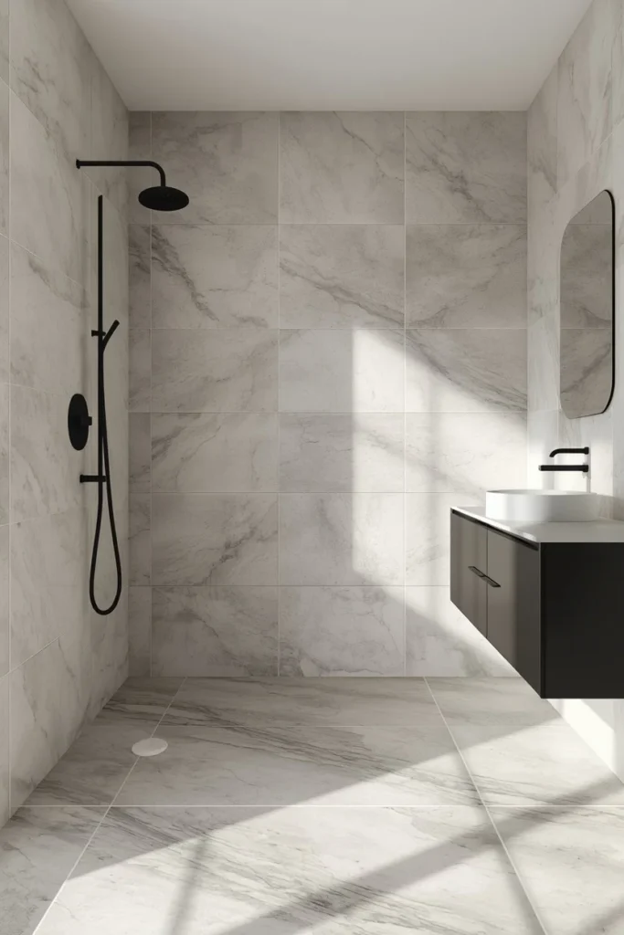 18 Bathroom Tile Ideas That Are Bold Enough to Transform Everything 5 bathroom, featuring oversized 24x48 inch porcelain slab-look tile with subtle marble