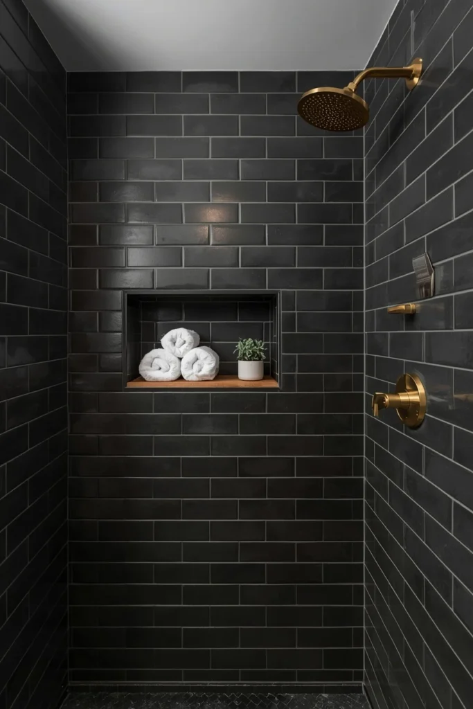 19 Black Bathroom Ideas That Are Dramatic, Chic & Completely Stunning 5 walk-in shower, featuring matte black subway tile laid in a classic running bond