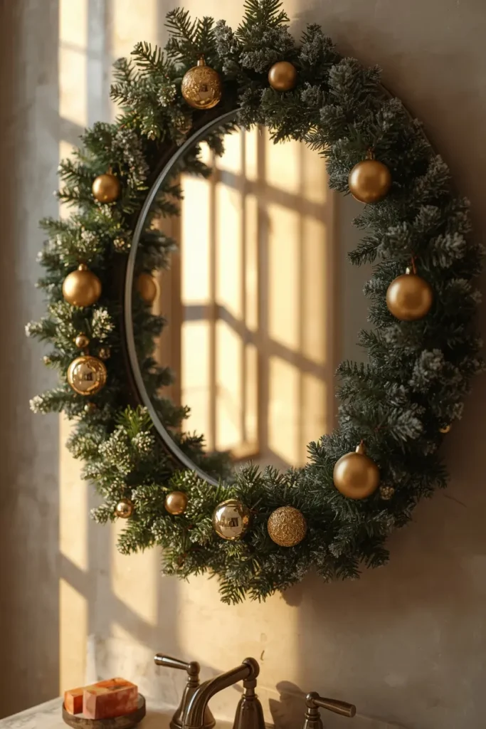 Christmas bathroom vanity, featuring a round mirror wrapped in evergreen garland 