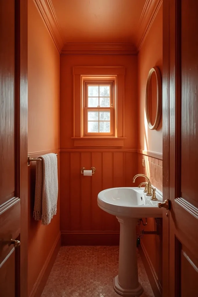  small bathroom shot, featuring walls, trim, and ceiling all painted in warm terracotta,