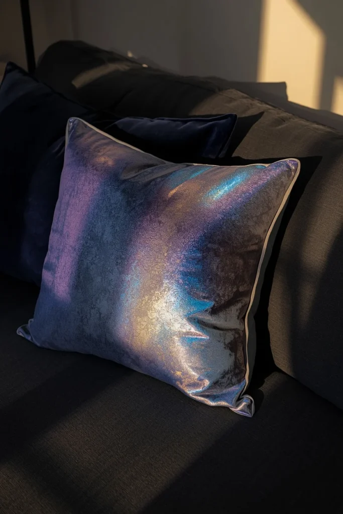 22 Cosmic Interior Design Ideas for a Starry, Galaxy-Inspired Home 5 styling vignette, featuring one iridescent blue-to-purple shimmer throw pillow