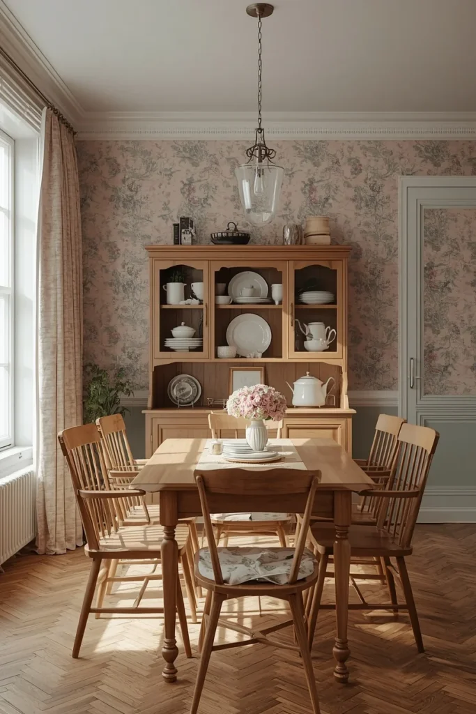 dining room, featuring a floral wallpaper accent wall behind a wooden hutch filled 
