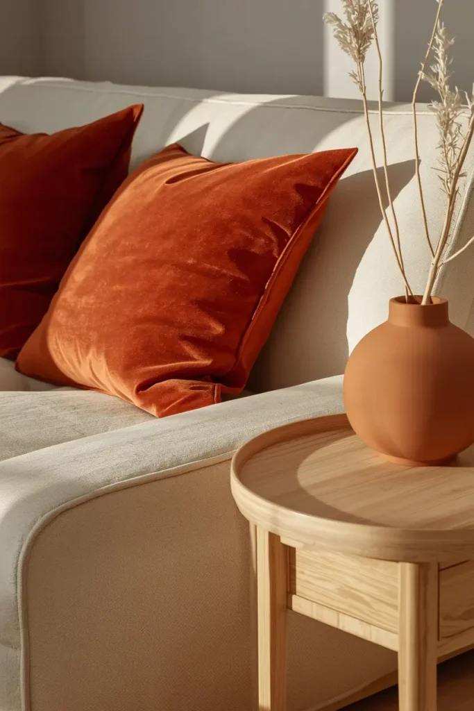20 Cozy Warm Neutral Fall Living Room Ideas Anyone Can Recreate 5 living room close-up, featuring rust velvet throw pillows and a terracotta ceramic vase