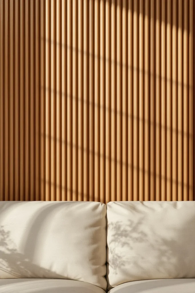 15 Curved Accent Wall Ideas to Soften a Boxy Room 5 living room detail, featuring fluted wood wall paneling with soft vertical grooves behind a cream sofa,