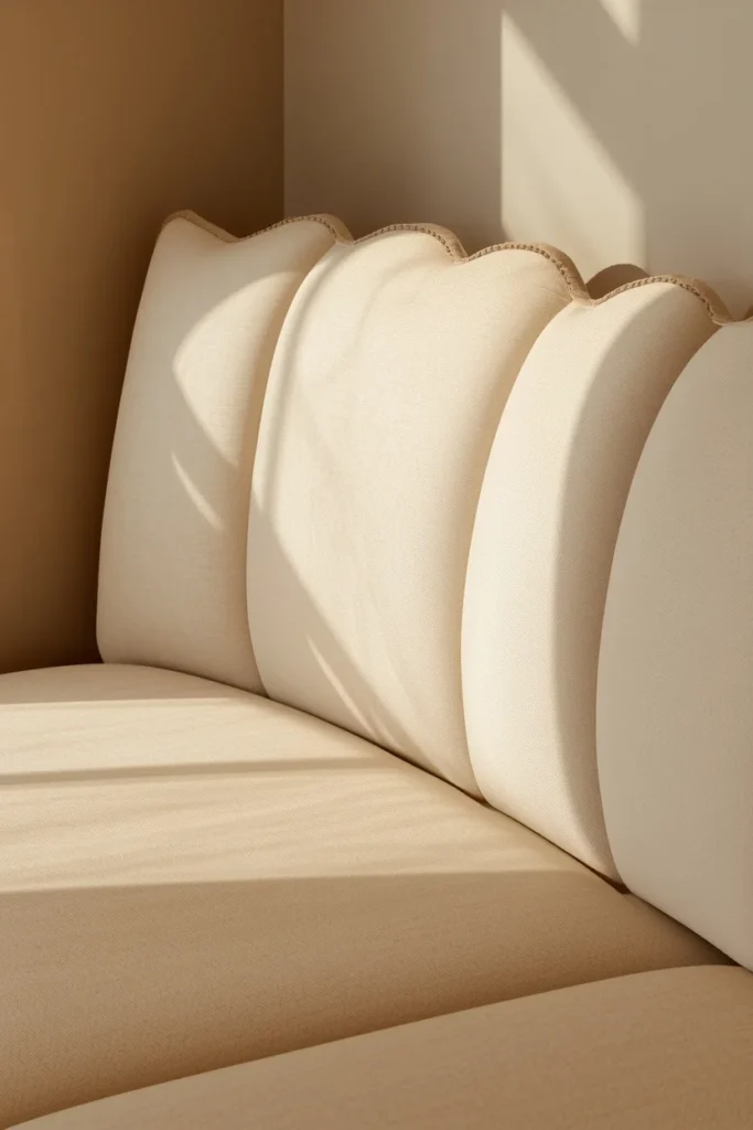 banquette detail shot, featuring a curved bench with a scalloped-edge back cushion